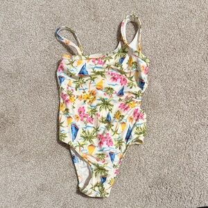 Tropical Floral One-Piece Swimsuit - Palm & Sailboat Print